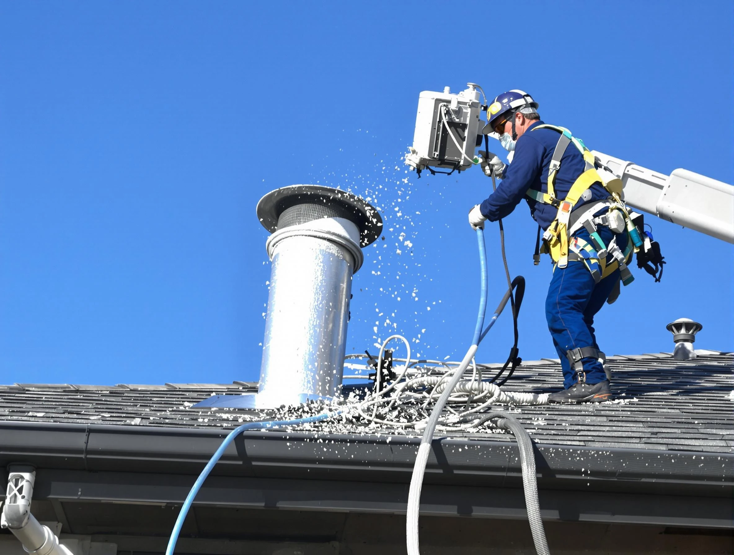 Tolleson Dryer Vent Cleaning certified technician safely cleaning a roof-mounted dryer vent in Tolleson